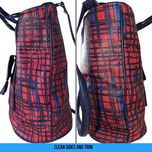 Vera Bradley Large Tassel Tote Blue & Red Coated Canvas 2 Way Crossbody - Picture 3 of 10